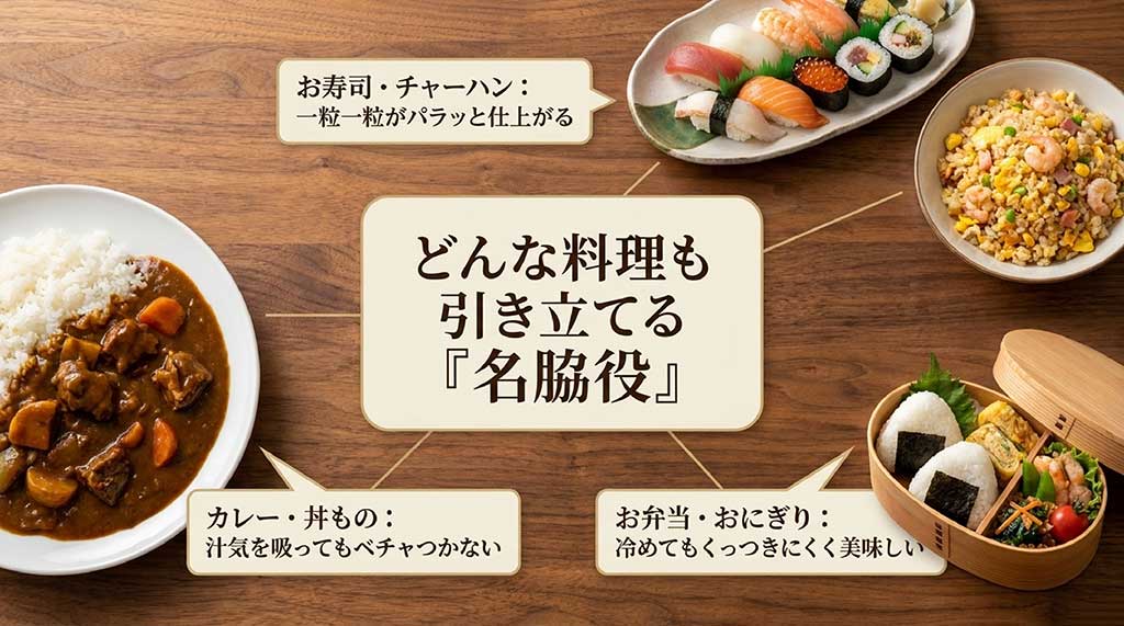 てんたかくが料理を引き立てる「名脇役」であることを紹介するスライド。お寿司・チャーハン（パラッと仕上がる）、カレー・丼もの（ベチャつかない）、お弁当・おにぎり（冷めても美味しい）との相性を解説