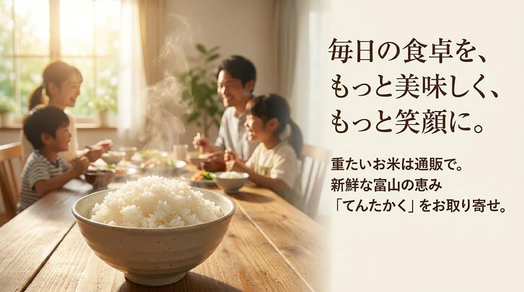 新鮮な富山の恵み「てんたかく」をネット通販でお取り寄せしようという締めくくりのメッセージ。