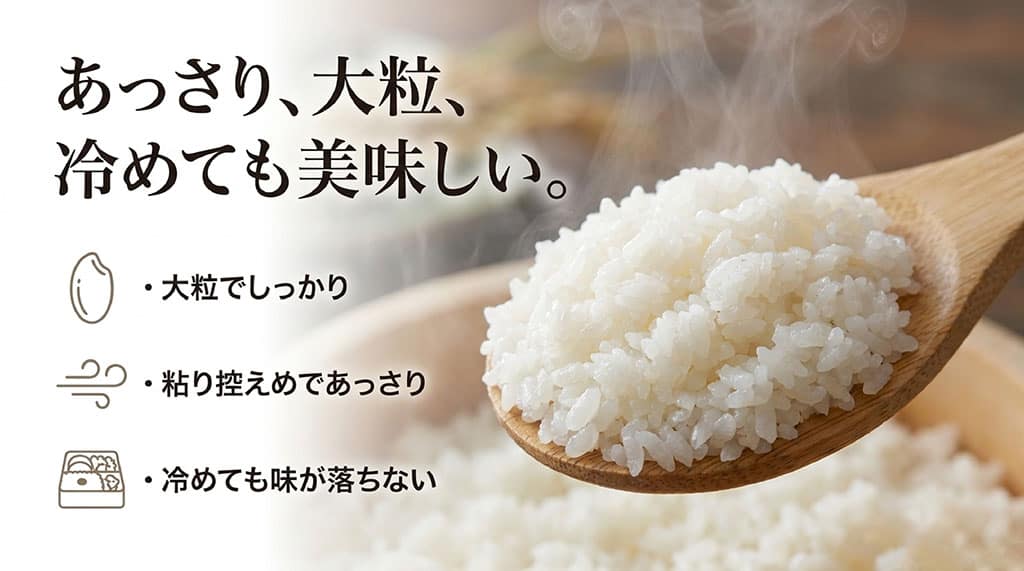 てんたかくの特徴である大粒、あっさりした粘り、冷めても味が落ちないポイントを解説した図。
