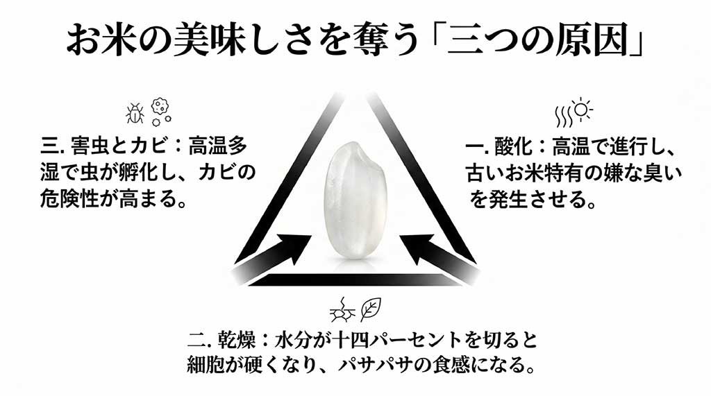 お米が劣化する原因である酸化・乾燥・害虫とカビの図解