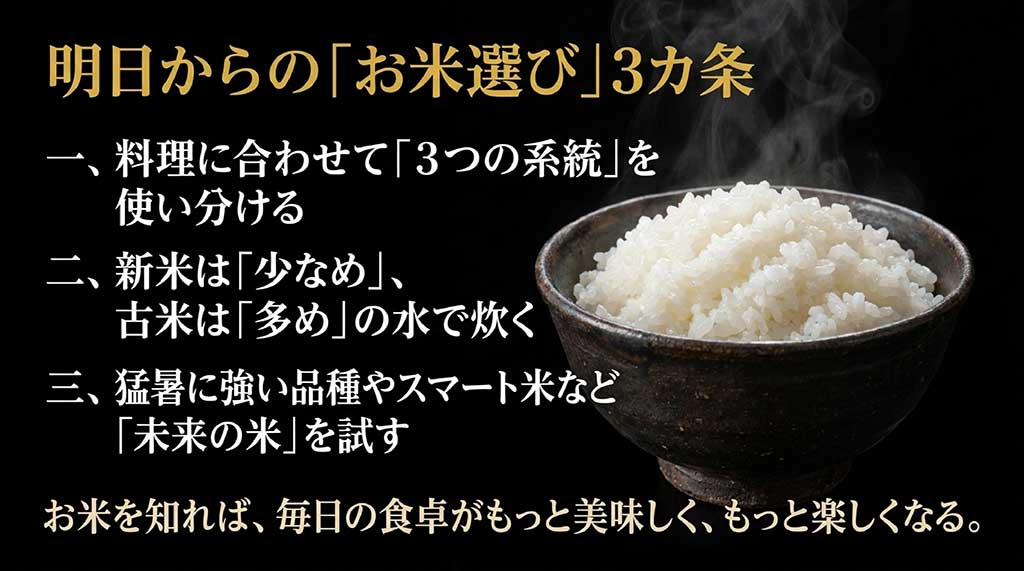 明日からの「お米選び」3カ条として、一、料理に合わせて「3つの系統」を使い分ける、二、新米は「少なめ」、古米は「多め」の水で炊く、三、猛暑に強い品種やスマート米など「未来の米」を試す、というまとめが書かれたスライド