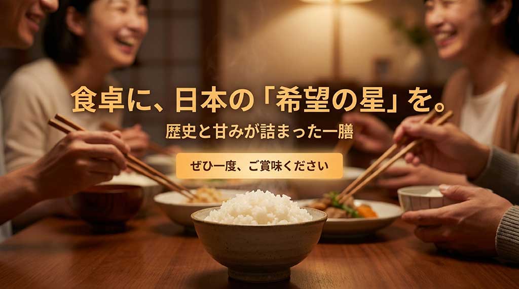 日本の希望の星として、歴史と甘みが詰まった一膳をぜひご賞味くださいという結びのメッセージスライド