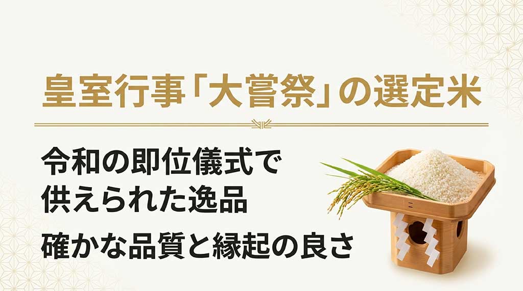 皇室行事「大嘗祭」の選定米として、令和の即位儀式で供えられた確かな品質と縁起の良さを伝えるスライド