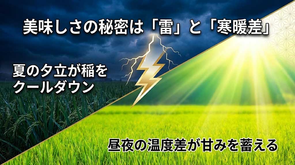 夏の夕立によるクールダウンと昼夜の寒暖差が、お米に豊かな甘みを蓄える仕組みを説明する図解スライド