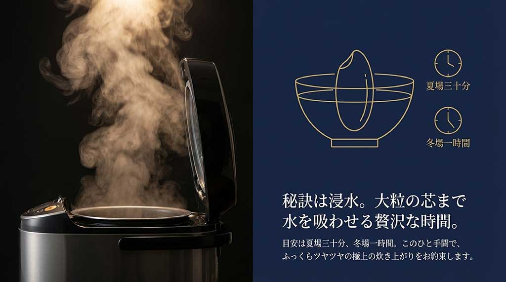 美味しく炊き上げる秘訣である浸水時間を解説。夏場は30分、冬場は1時間が目安であることを示す図解スライド