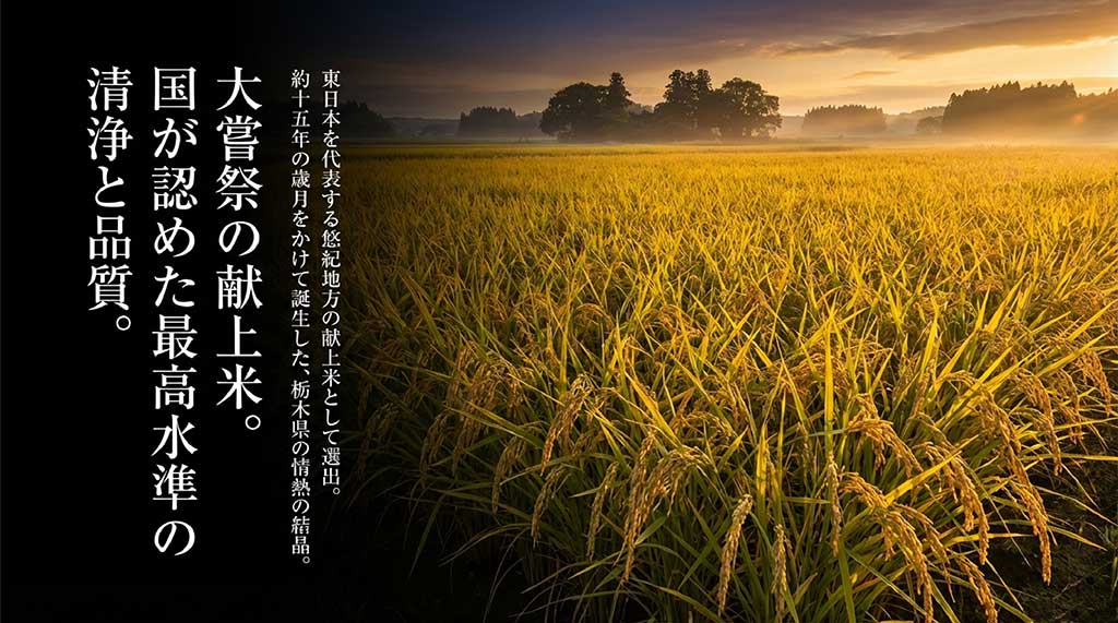 天皇陛下の即位の儀式「大嘗祭」の献上米に選ばれた実績と、15年の歳月をかけた開発、国が認めた品質を説明するスライド