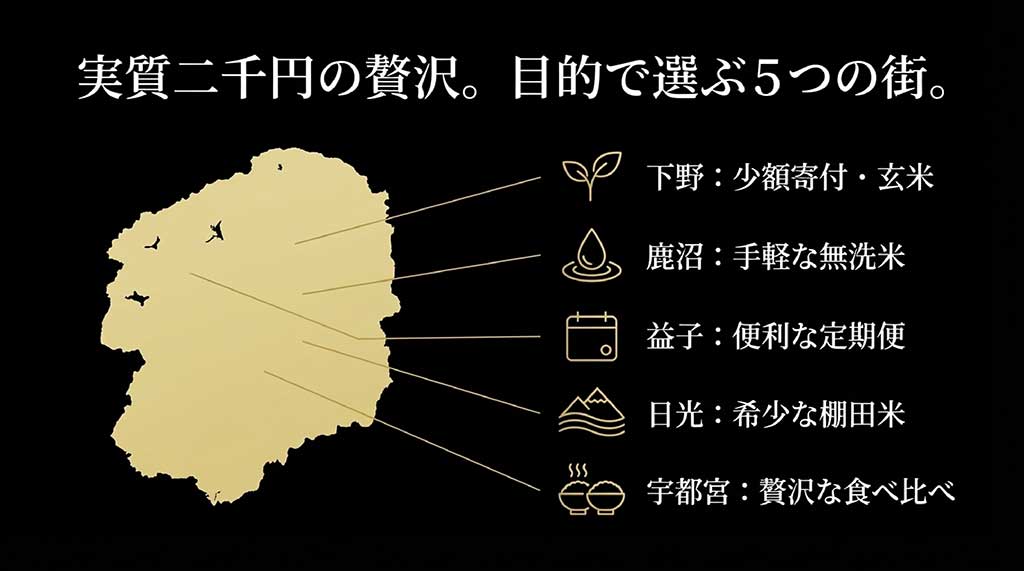 下野市（玄米）、鹿沼市（無洗米）、益子町（定期便）、日光市（棚田米）、宇都宮市（食べ比べ）など、目的別の選び方ガイド