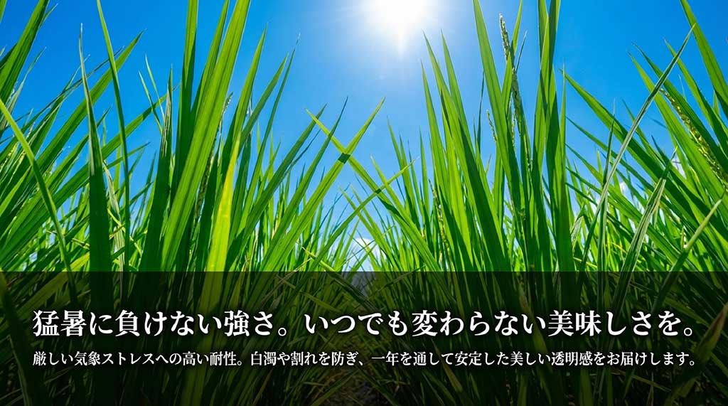 厳しい気象ストレスへの高い耐性を持ち、一年を通して白濁や割れを防ぎ安定した美味しさを届ける強みを解説するスライド