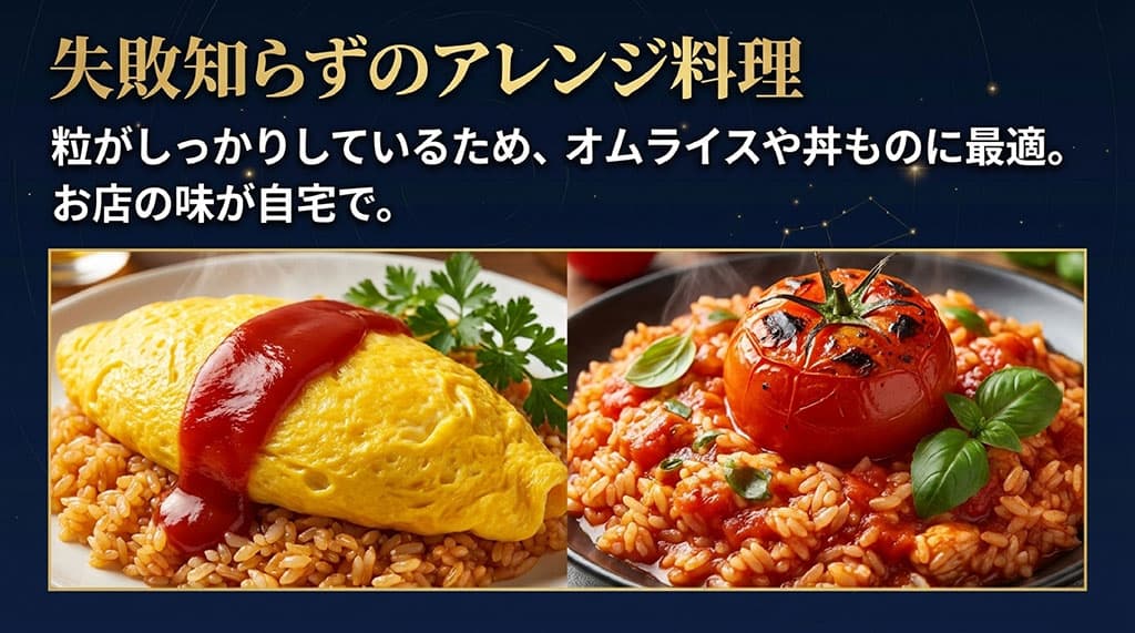 米粒がしっかりしているとちぎの星の特徴を活かした、お店のような仕上がりの美しいオムライスとトマト丸ごとチキンライスの料理写真