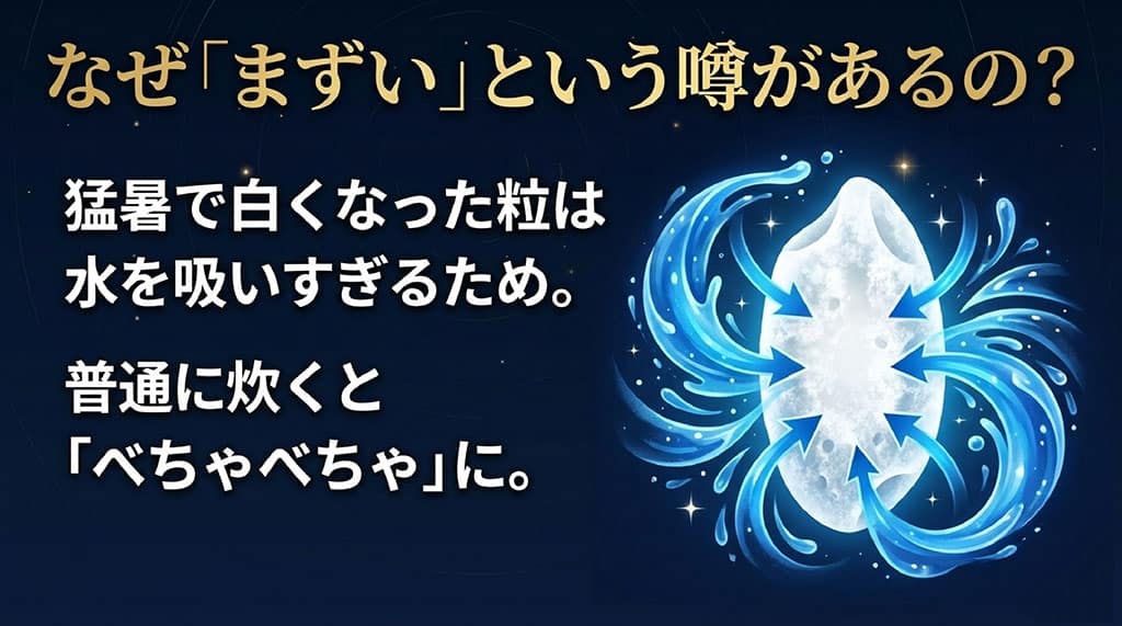 猛暑で白くなった米粒(シラタ)が水を吸いすぎてべちゃべちゃに炊き上がることが「まずい」と言われる原因であると説明するイラスト解剖図