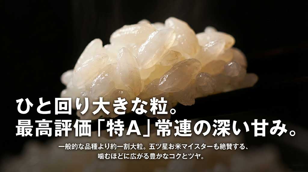 食味ランキング最高評価「特A」の常連であることや、一般的な品種より約1割大粒で豊かなコクとツヤがあることを解説するスライド