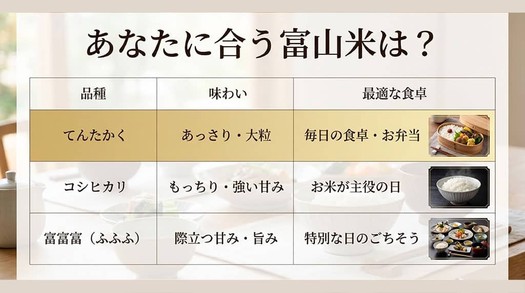 てんたかく、コシヒカリ、富富富の味わいと最適な食卓シーンを比較した表。