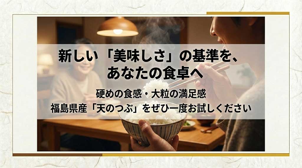「新しい美味しさの基準を、あなたの食卓へ」というメッセージとともに天のつぶを試すことを勧める結びの画像