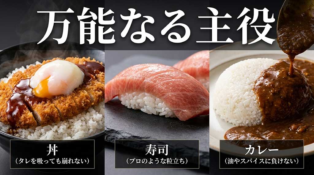 丼、寿司、カレーなど、粒立ちが良く崩れにくい粒すけに適した料理の紹介