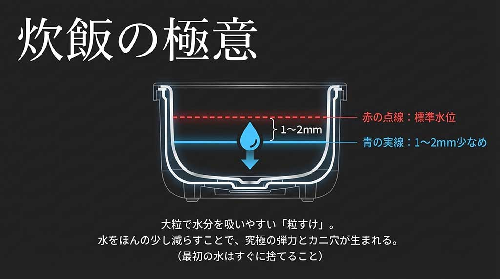 標準水位より1〜2mm少なめの水で炊くことで究極の弾力が生まれる解説図