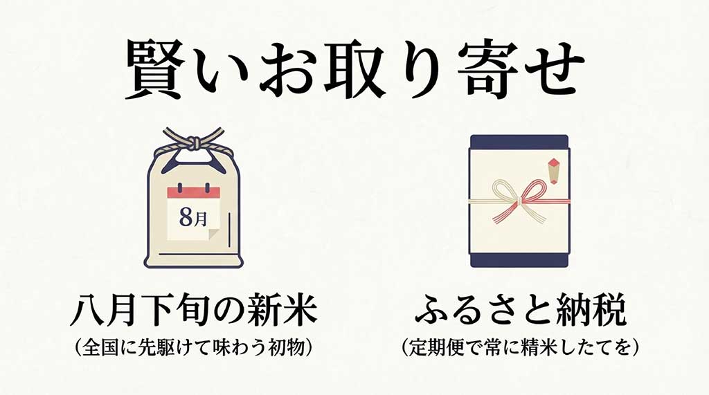 8月下旬からの新米とふるさと納税の定期便での購入を推奨するイメージ