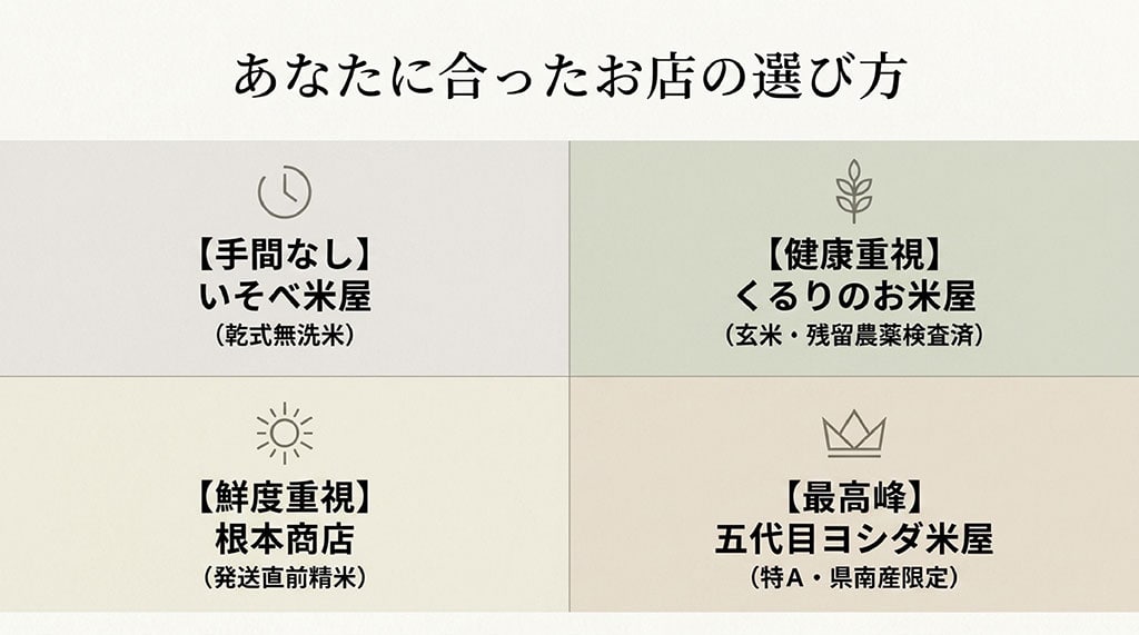 いそべ米屋(無洗米)、くるりのお米屋(玄米)、根本商店(鮮度重視)、五代目ヨシダ米屋(特A県南産限定)の特徴をまとめたショップ比較スライド画像