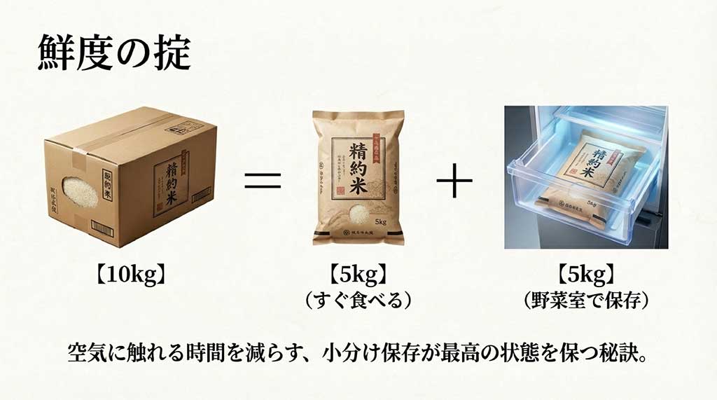 5kgずつの小分け保存や野菜室での保存方法を説明するスライド