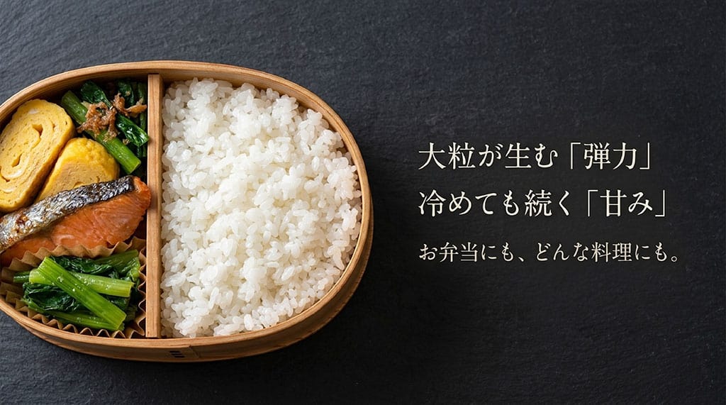 粒すけの大粒が生む弾力、冷めても続く甘み、お弁当やどんな料理にも合う特徴を説明したスライド画像