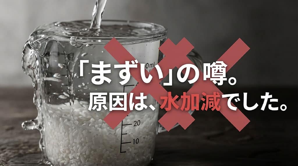 粒すけが「まずい」と誤解される最大の原因が「水加減」にあることを伝えるスライド画像