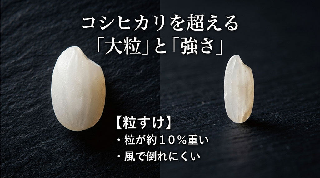 コシヒカリと粒すけを比較し、粒が約10%重く、風で倒れにくい特徴を解説したスライド画像
