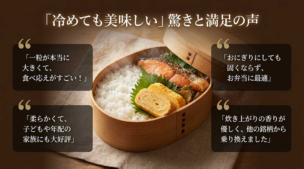 つぶぞろいの満足度を示す口コミスライド。「一粒が大きく食べ応えがある」「冷めてもおにぎりに最適」などの声を掲載