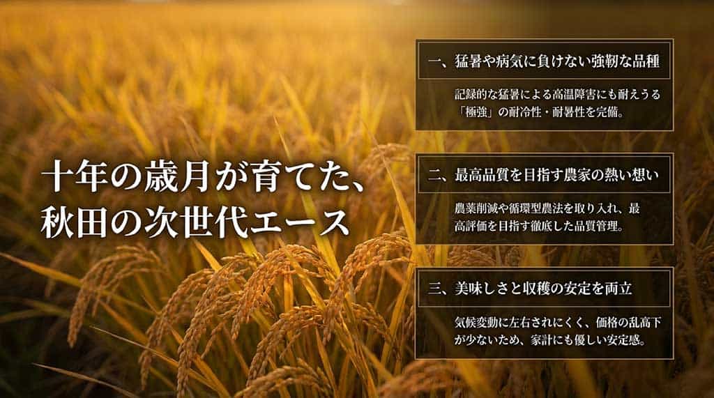 猛暑や病気に強い品種特性と、農家のこだわりを解説したスライド。耐冷性・耐暑性が「極強」であることを強調