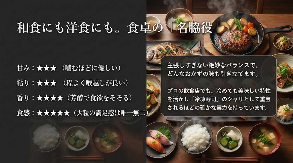 つぶぞろいの味のポートフォリオ。甘み・粘り・香り・食感のバランスが良く、冷凍寿司のシャリなどプロの現場でも評価されていることを説明