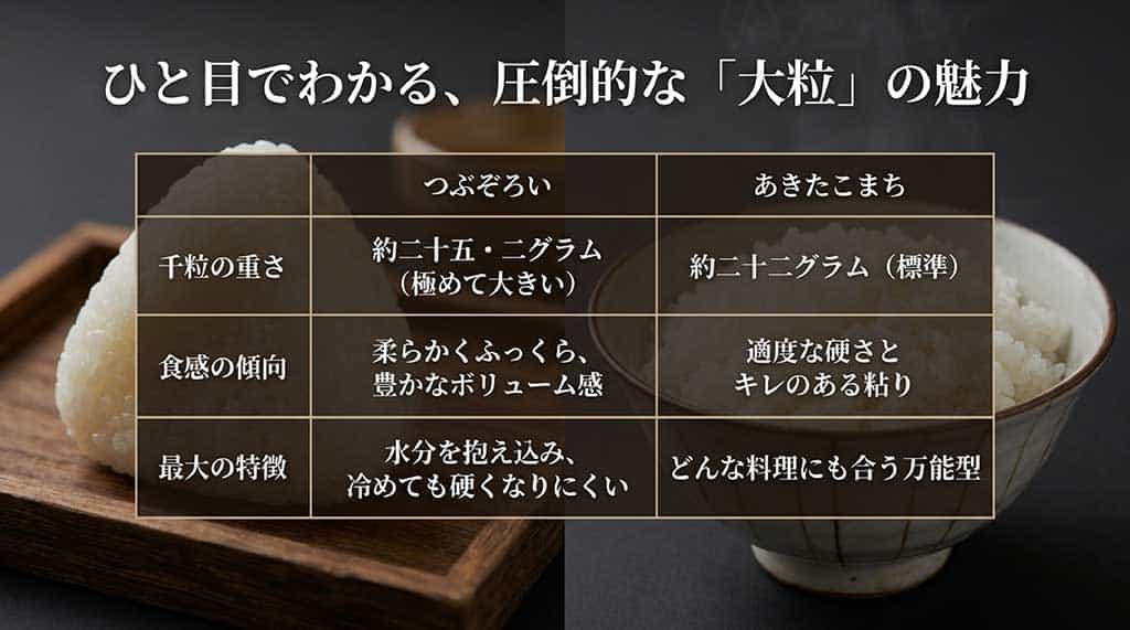 つぶぞろいとあきたこまちの比較表スライド。千粒重がつぶぞろいは約25.2g、あきたこまちは約22gであることや、食感の違いを解説