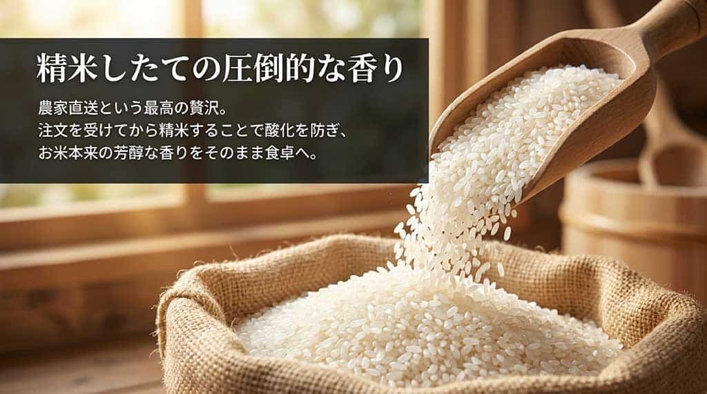 注文を受けてから精米することで酸化を防ぎ、芳醇な香りを届ける農家直送の贅沢