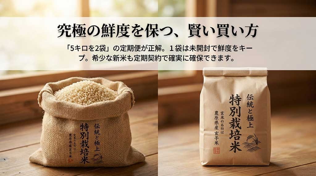 5キロ2袋の定期便で鮮度をキープし、希少な新米を確実に確保する買い方の提案
