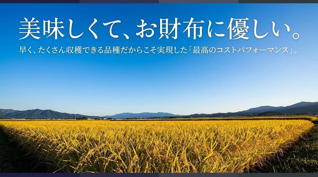 お茶碗に盛られたツヤツヤのご飯の写真とともに、コシヒカリ(強い粘りと甘み)とつきあかり(大粒であっさり)の違いを比較したスライド