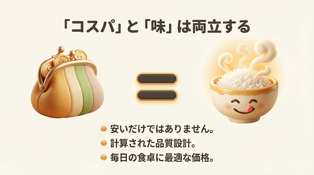財布と、美味しそうに炊き上がったご飯のイラスト。「コスパ」と「味」の両立を表現