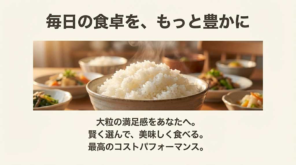 食卓に並んだ炊きたてのご飯とおかず。毎日の食卓を豊かにするまとめのスライド