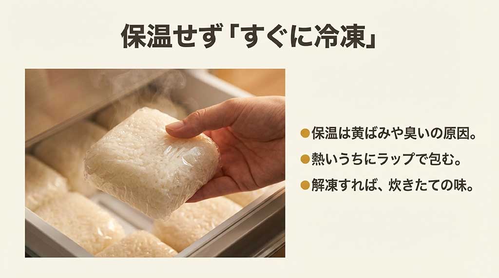 ラップで包まれた炊きたてご飯を冷凍庫にしまう様子。保温せずすぐに冷凍することを推奨