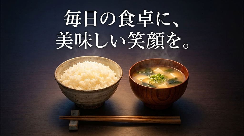 「毎日の食卓に、美味しい笑顔を。」というメッセージが書かれた、記事の締めくくり用スライド