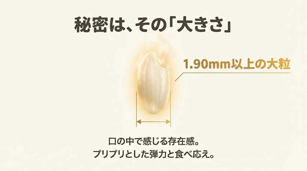 「秘密は、その大きさにあり」というコピーとともに、1.90mm以上の大粒であることを説明するスライド