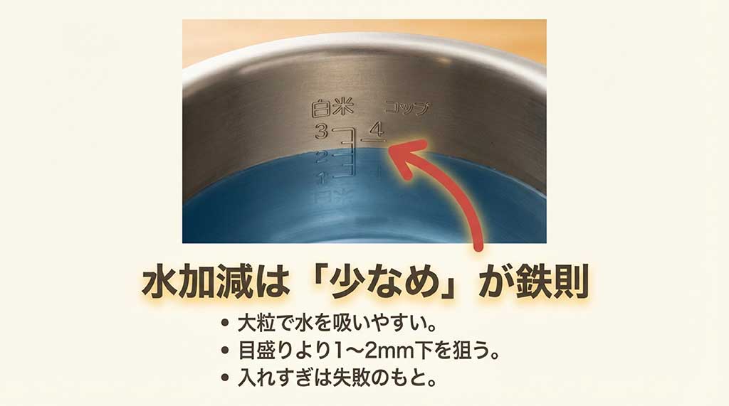 水加減は「少なめ」が鉄則であることを伝える、大粒の米に適した炊飯のコツ