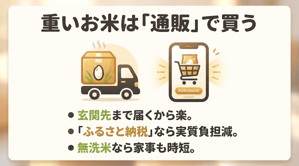 スマートフォンの買い物カートに米袋が入っているイラスト。通販やふるさと納税のメリットを強調