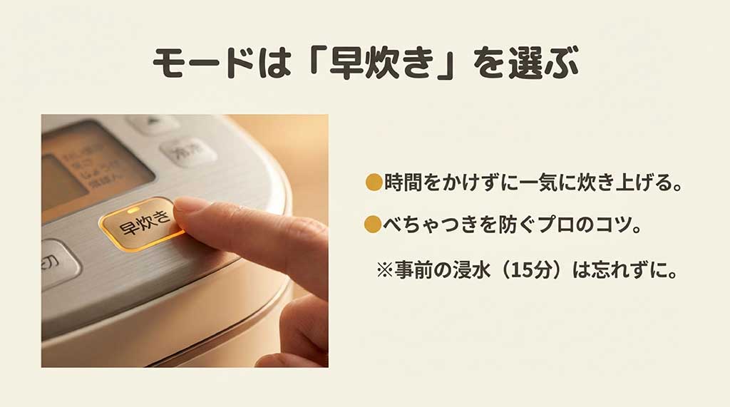 炊飯器の「早炊き」ボタンを押す指のアップ。べちゃつきを防ぐコツを解説
