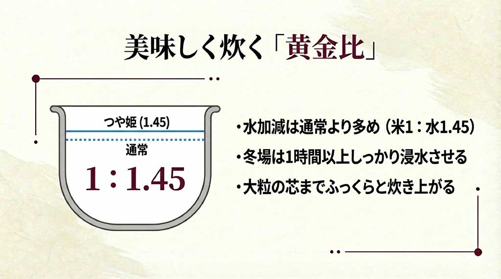 つや姫の粒の大きさを活かすための水加減(米1に対して水1.45)を説明する計量カップのイラストスライド