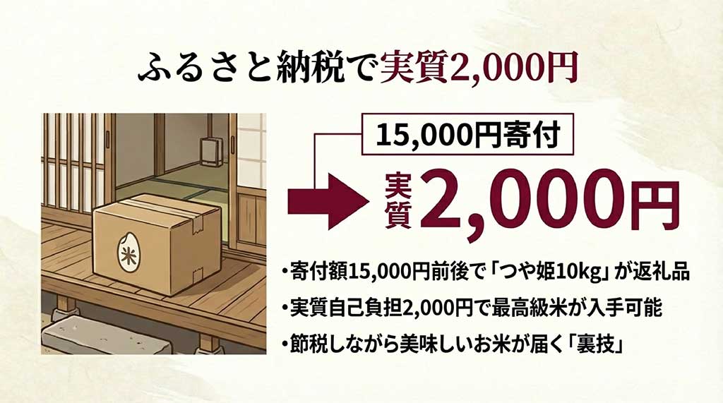 寄付額15,000円前後でつや姫10kgが届き、実質自己負担2,000円で最高級米を入手できる仕組みを説明するスライド