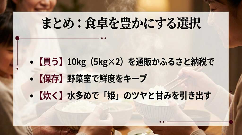 「10kg小分けでの購入」「野菜室での保存」「水多めの炊飯」というつや姫を堪能するためのポイントをまとめた最終スライド