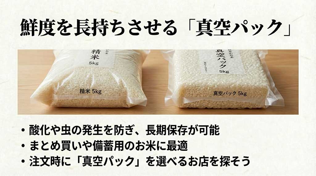 酸化や虫を防ぐ真空パック包装の5kg袋と長期保存のメリット