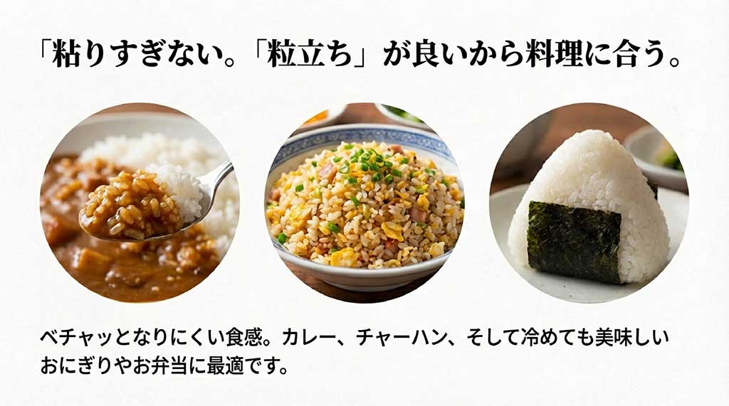 粘りすぎず粒立ちが良い食感。ベチャッとなりにくいため、カレー、チャーハン、おにぎりに最適な和の輝きの炊き上がり