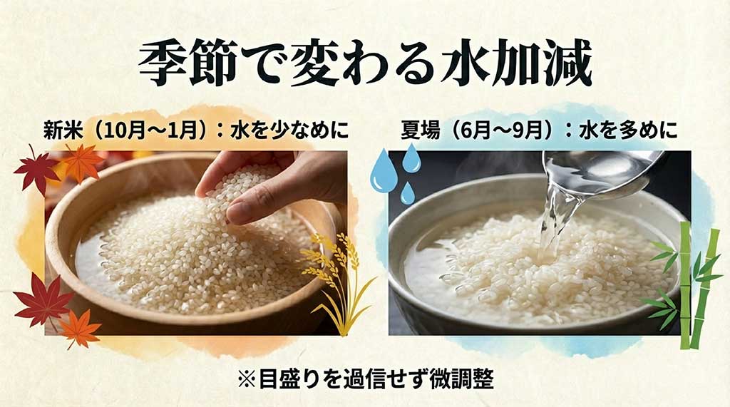 新米時期は水を少なめに、夏場は多めにするなど、季節ごとの微調整を推奨するイメージ画像