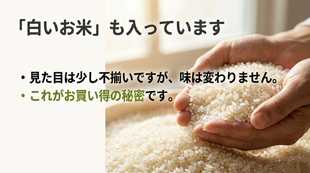 見た目は少し不揃いで白いお米が混じることもあるが、味は変わらずお買い得である理由の説明