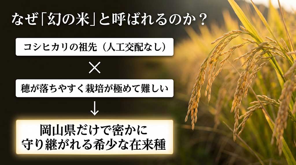 れる理由 朝日米がコシヒカリの祖先であり、栽培が難しく岡山県だけで守られてきた希少な在来種であることを説明する図解
