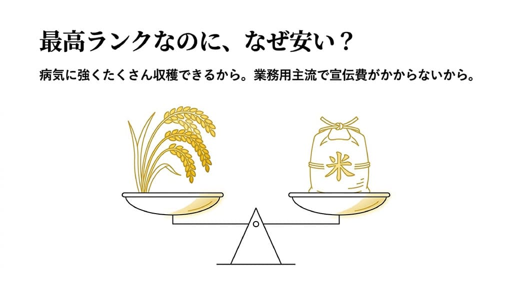 はえぬきが安い2大理由(病気に強く多収量、業務用主流で宣伝費削減)をまとめたスライド。