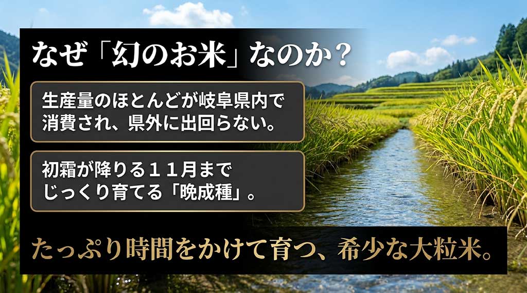 収穫量が少なく県外に出回らない理由と、11月まで育てる晩成種の希少性を説明する図解